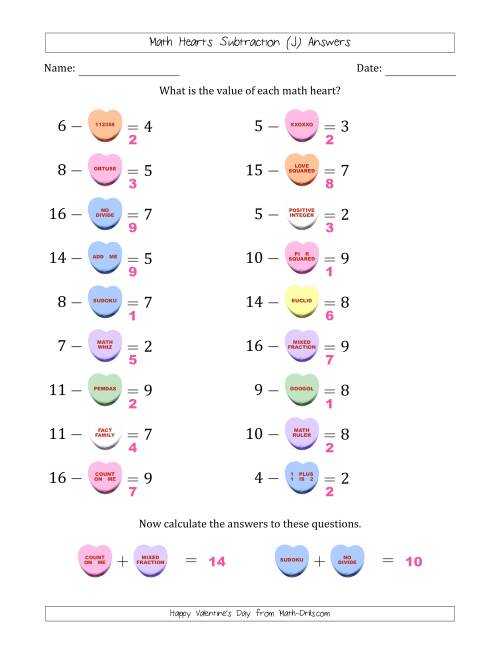 The Math Hearts Subtraction with Differences from 1 to 9 and Missing Subtrahends from 1 to 9 (J) Math Worksheet Page 2