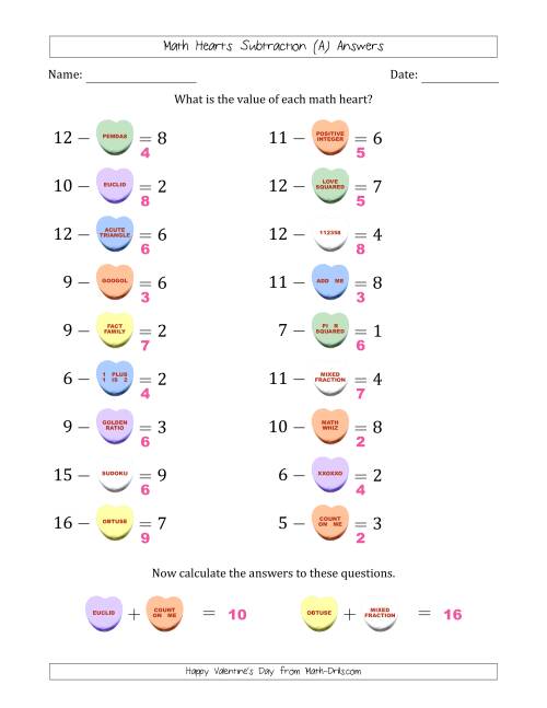 The Math Hearts Subtraction with Differences from 1 to 9 and Missing Subtrahends from 1 to 9 (All) Math Worksheet Page 2