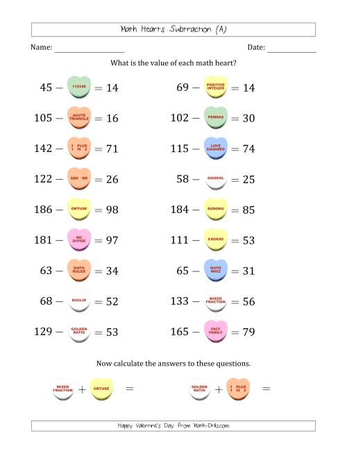 The Math Hearts Subtraction with Differences from 10 to 99 and Missing Subtrahends from 10 to 99 (A) Math Worksheet