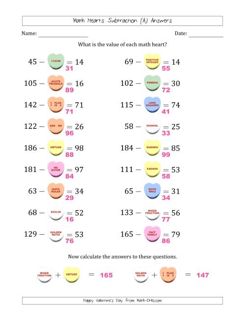 The Math Hearts Subtraction with Differences from 10 to 99 and Missing Subtrahends from 10 to 99 (A) Math Worksheet Page 2