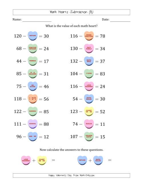 The Math Hearts Subtraction with Differences from 10 to 99 and Missing Subtrahends from 10 to 99 (B) Math Worksheet