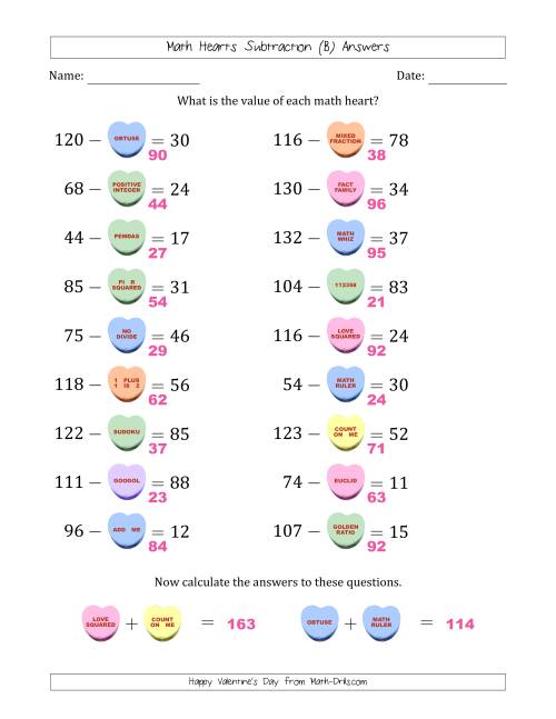 The Math Hearts Subtraction with Differences from 10 to 99 and Missing Subtrahends from 10 to 99 (B) Math Worksheet Page 2