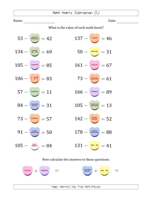 The Math Hearts Subtraction with Differences from 10 to 99 and Missing Subtrahends from 10 to 99 (C) Math Worksheet