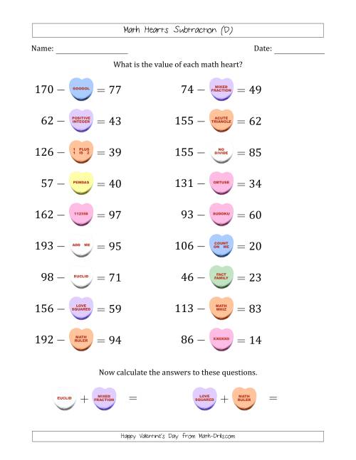 The Math Hearts Subtraction with Differences from 10 to 99 and Missing Subtrahends from 10 to 99 (D) Math Worksheet