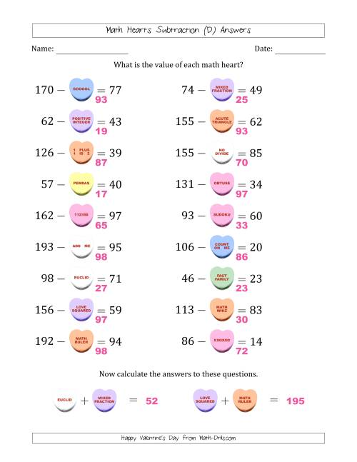 The Math Hearts Subtraction with Differences from 10 to 99 and Missing Subtrahends from 10 to 99 (D) Math Worksheet Page 2