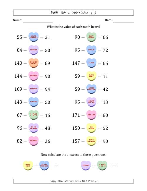 The Math Hearts Subtraction with Differences from 10 to 99 and Missing Subtrahends from 10 to 99 (F) Math Worksheet