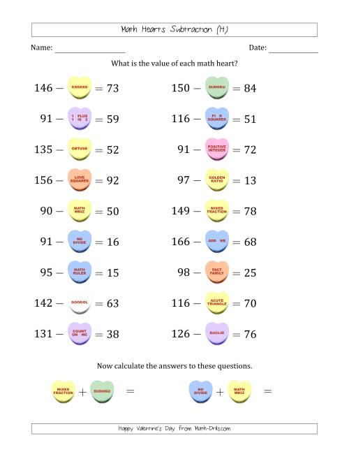 The Math Hearts Subtraction with Differences from 10 to 99 and Missing Subtrahends from 10 to 99 (H) Math Worksheet