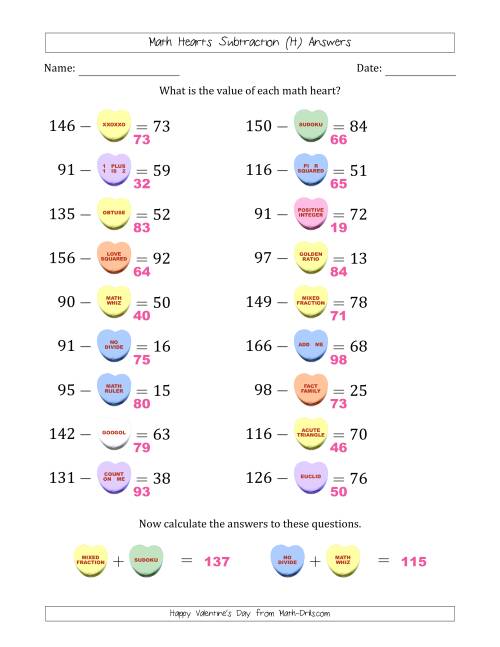 The Math Hearts Subtraction with Differences from 10 to 99 and Missing Subtrahends from 10 to 99 (H) Math Worksheet Page 2