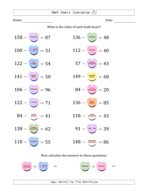 The Math Hearts Subtraction with Differences from 10 to 99 and Missing Subtrahends from 10 to 99 (I) Math Worksheet
