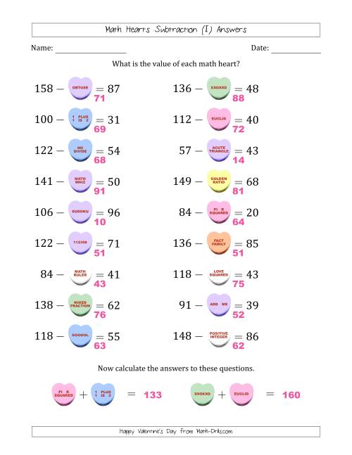 The Math Hearts Subtraction with Differences from 10 to 99 and Missing Subtrahends from 10 to 99 (I) Math Worksheet Page 2