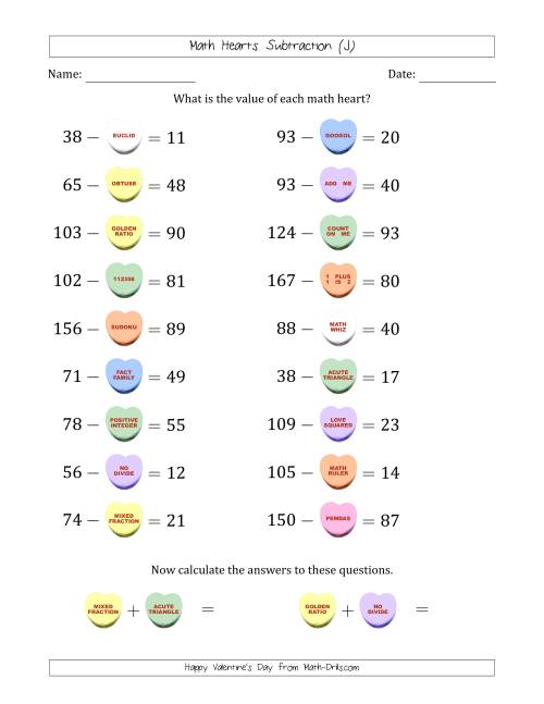 The Math Hearts Subtraction with Differences from 10 to 99 and Missing Subtrahends from 10 to 99 (J) Math Worksheet
