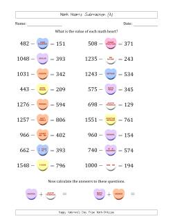 Math Hearts Subtraction with Differences from 100 to 999 and Missing Subtrahends from 100 to 999