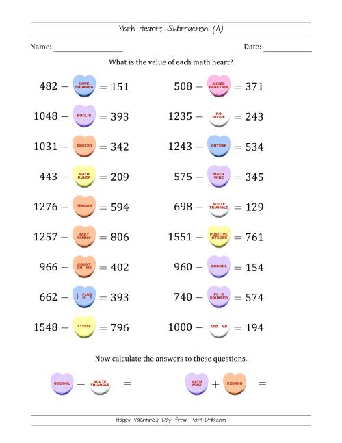 The Math Hearts Subtraction with Differences from 100 to 999 and Missing Subtrahends from 100 to 999 (A) Math Worksheet