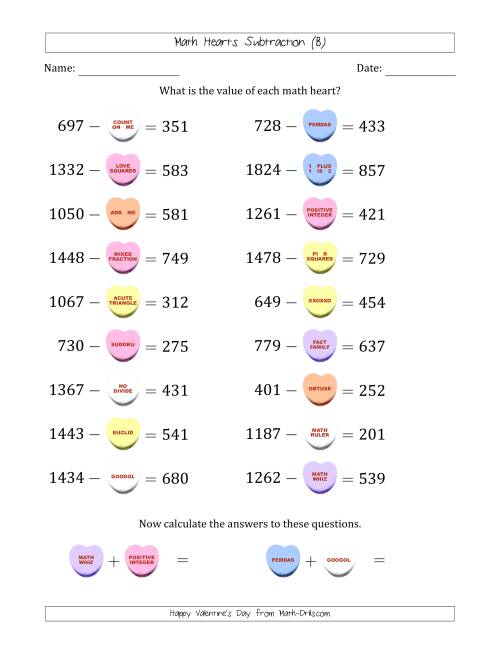 The Math Hearts Subtraction with Differences from 100 to 999 and Missing Subtrahends from 100 to 999 (B) Math Worksheet