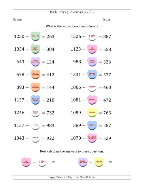The Math Hearts Subtraction with Differences from 100 to 999 and Missing Subtrahends from 100 to 999 (C) Math Worksheet