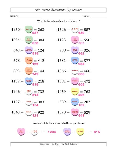 The Math Hearts Subtraction with Differences from 100 to 999 and Missing Subtrahends from 100 to 999 (C) Math Worksheet Page 2