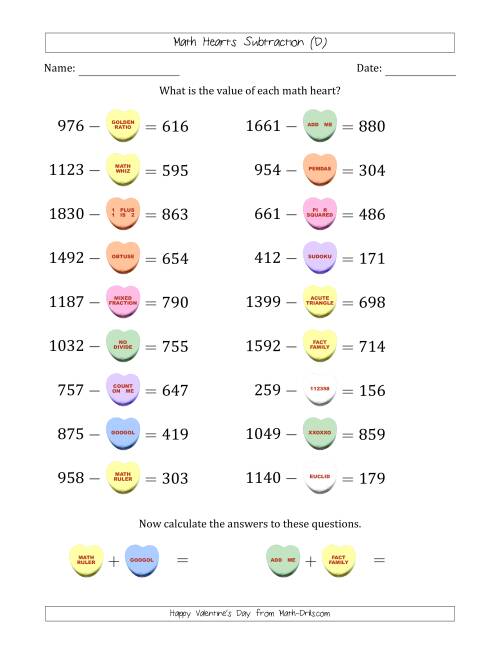The Math Hearts Subtraction with Differences from 100 to 999 and Missing Subtrahends from 100 to 999 (D) Math Worksheet