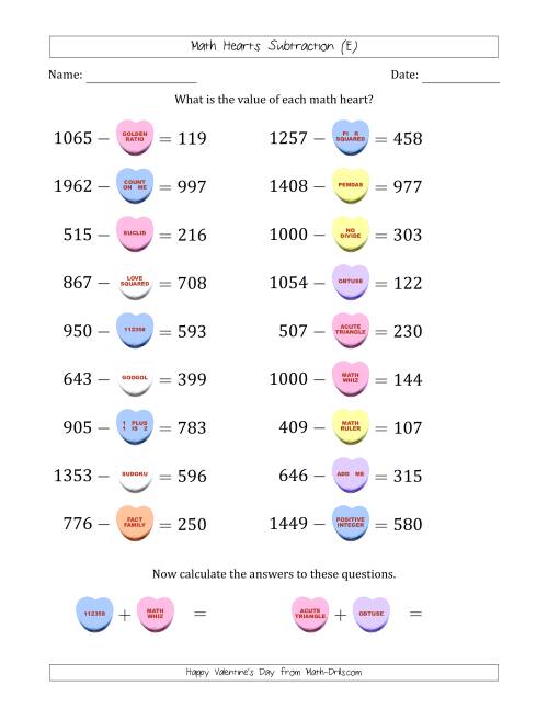 The Math Hearts Subtraction with Differences from 100 to 999 and Missing Subtrahends from 100 to 999 (E) Math Worksheet