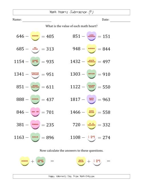The Math Hearts Subtraction with Differences from 100 to 999 and Missing Subtrahends from 100 to 999 (F) Math Worksheet