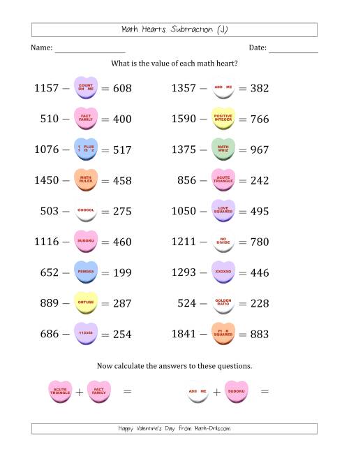 The Math Hearts Subtraction with Differences from 100 to 999 and Missing Subtrahends from 100 to 999 (J) Math Worksheet