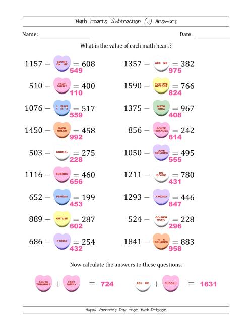 The Math Hearts Subtraction with Differences from 100 to 999 and Missing Subtrahends from 100 to 999 (J) Math Worksheet Page 2