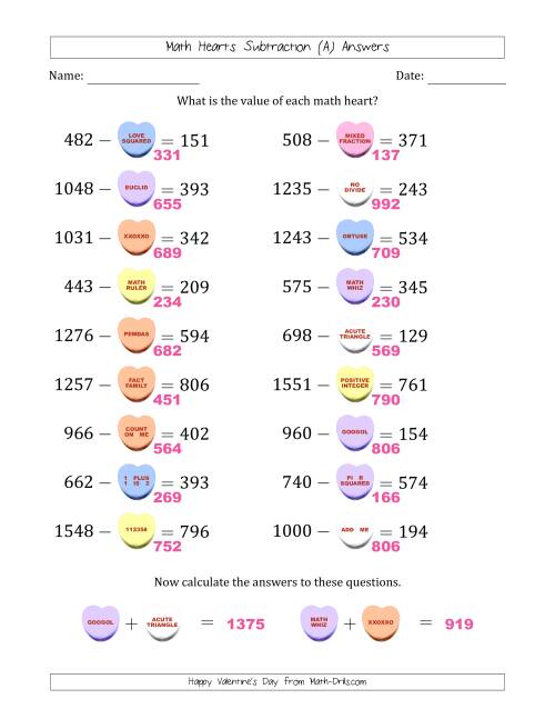 The Math Hearts Subtraction with Differences from 100 to 999 and Missing Subtrahends from 100 to 999 (All) Math Worksheet Page 2
