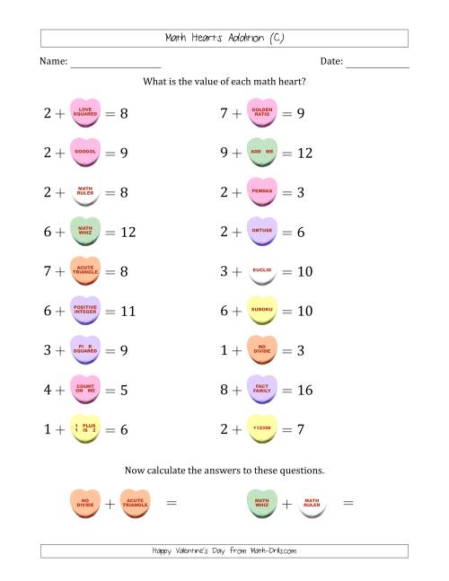 The Math Hearts Addition with Addends from 1 to 9 and Missing Addends from 1 to 9 (C) Math Worksheet