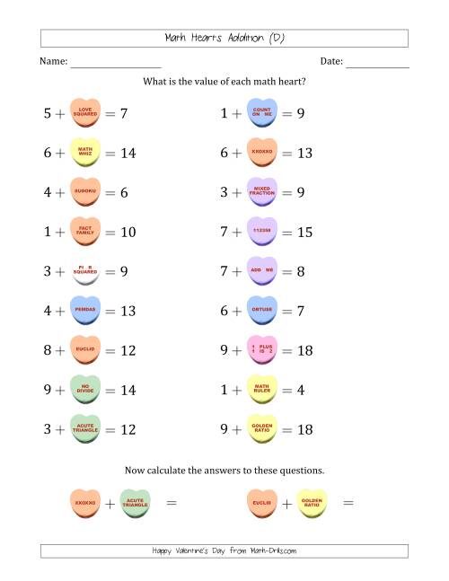 The Math Hearts Addition with Addends from 1 to 9 and Missing Addends from 1 to 9 (D) Math Worksheet