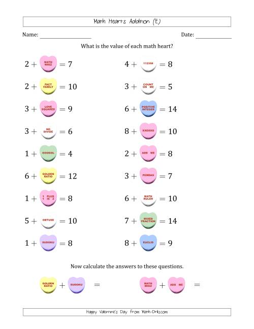 The Math Hearts Addition with Addends from 1 to 9 and Missing Addends from 1 to 9 (E) Math Worksheet