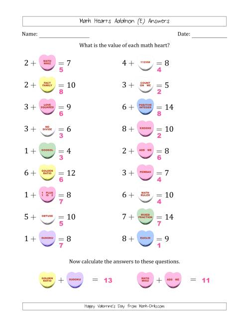 The Math Hearts Addition with Addends from 1 to 9 and Missing Addends from 1 to 9 (E) Math Worksheet Page 2