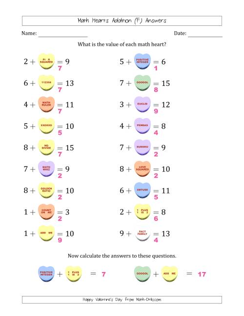 The Math Hearts Addition with Addends from 1 to 9 and Missing Addends from 1 to 9 (F) Math Worksheet Page 2