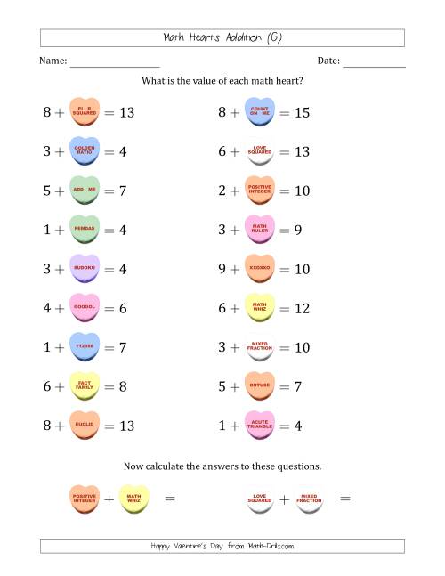 The Math Hearts Addition with Addends from 1 to 9 and Missing Addends from 1 to 9 (G) Math Worksheet