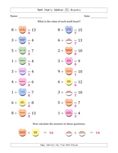 The Math Hearts Addition with Addends from 1 to 9 and Missing Addends from 1 to 9 (G) Math Worksheet Page 2