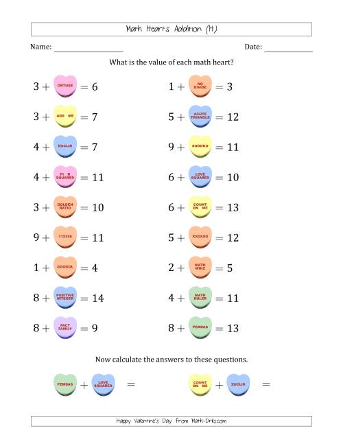 The Math Hearts Addition with Addends from 1 to 9 and Missing Addends from 1 to 9 (H) Math Worksheet