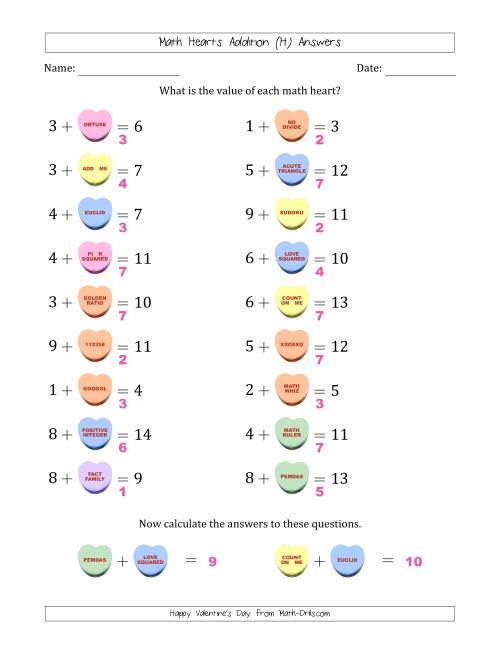 The Math Hearts Addition with Addends from 1 to 9 and Missing Addends from 1 to 9 (H) Math Worksheet Page 2
