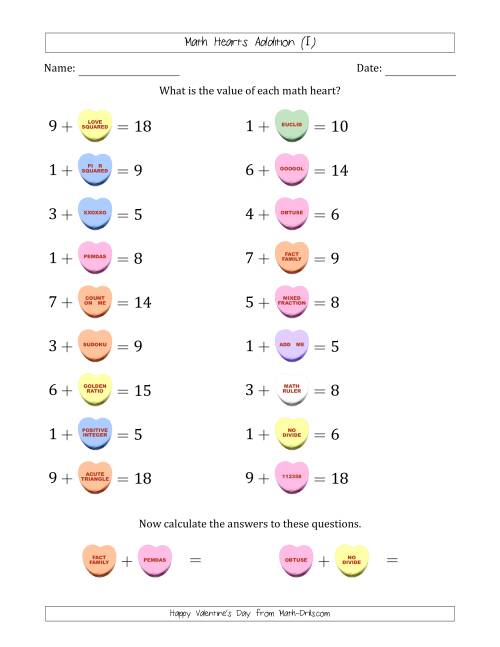 The Math Hearts Addition with Addends from 1 to 9 and Missing Addends from 1 to 9 (I) Math Worksheet