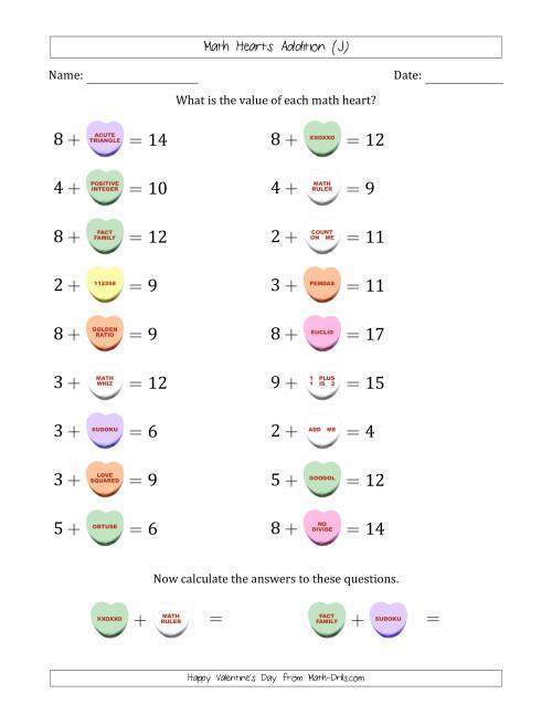 The Math Hearts Addition with Addends from 1 to 9 and Missing Addends from 1 to 9 (J) Math Worksheet