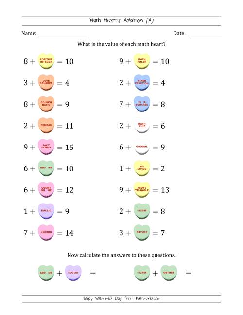 The Math Hearts Addition with Addends from 1 to 9 and Missing Addends from 1 to 9 (All) Math Worksheet