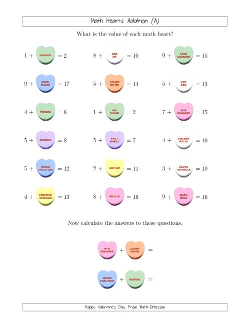 The Math Hearts 1-Digit Addition with a Missing Addend (Old) Math Worksheet