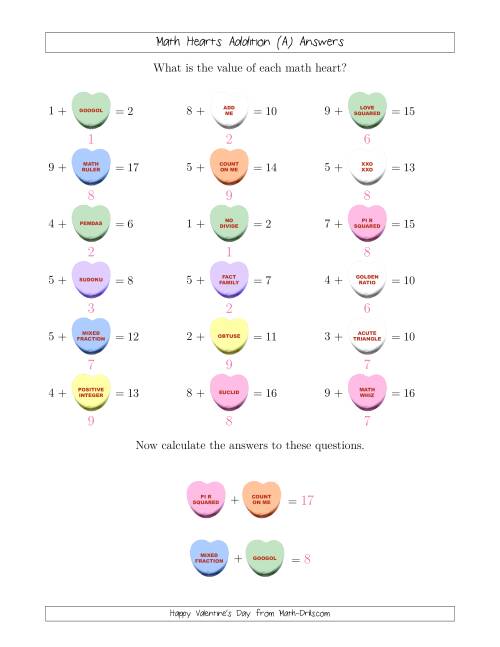 The Math Hearts 1-Digit Addition with a Missing Addend (Old) Math Worksheet Page 2