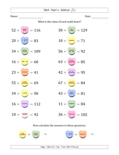 The Math Hearts Addition with Addends from 10 to 99 and Missing Addends from 10 to 99 (C) Math Worksheet