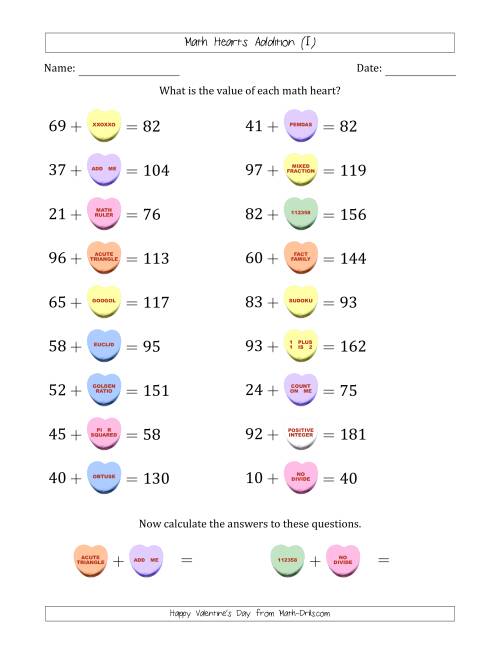 The Math Hearts Addition with Addends from 10 to 99 and Missing Addends from 10 to 99 (I) Math Worksheet