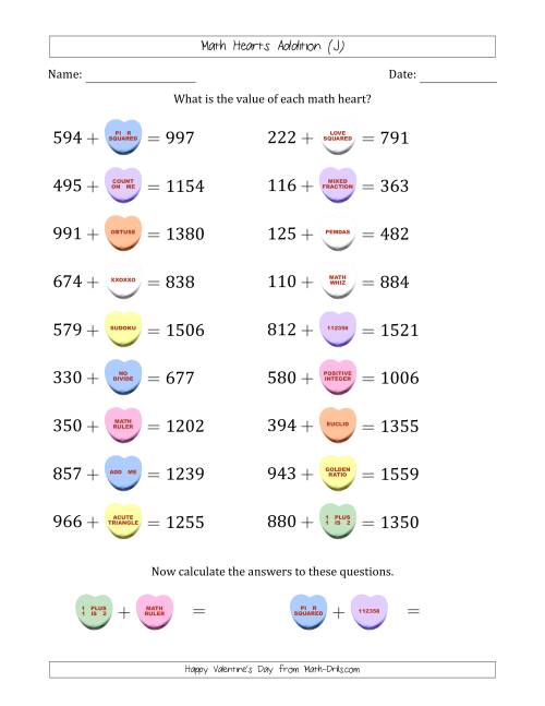 The Math Hearts Addition with Addends from 100 to 999 and Missing Addends from 100 to 999 (J) Math Worksheet