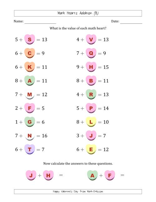 The Math Hearts Addition with Addends from 1 to 9 and Missing Addends from 1 to 9 (Lettered Hearts) (B) Math Worksheet