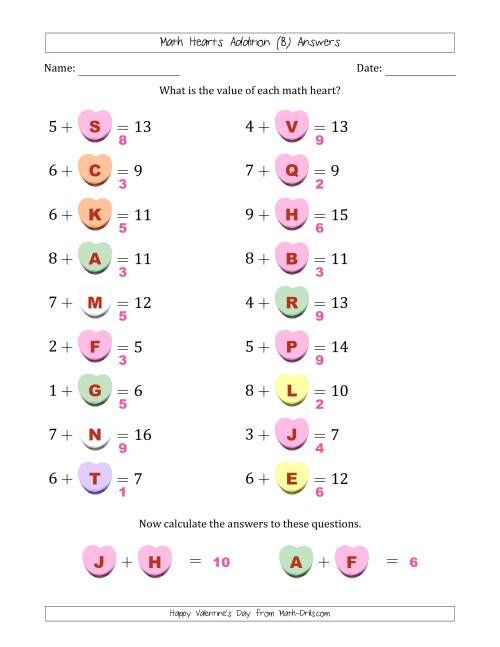 The Math Hearts Addition with Addends from 1 to 9 and Missing Addends from 1 to 9 (Lettered Hearts) (B) Math Worksheet Page 2