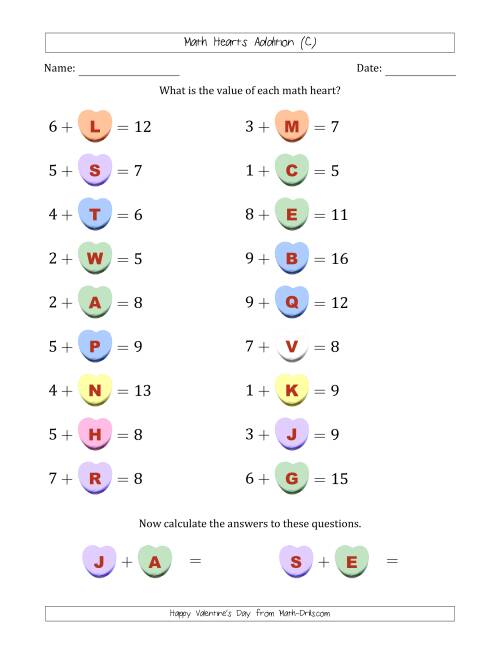 The Math Hearts Addition with Addends from 1 to 9 and Missing Addends from 1 to 9 (Lettered Hearts) (C) Math Worksheet
