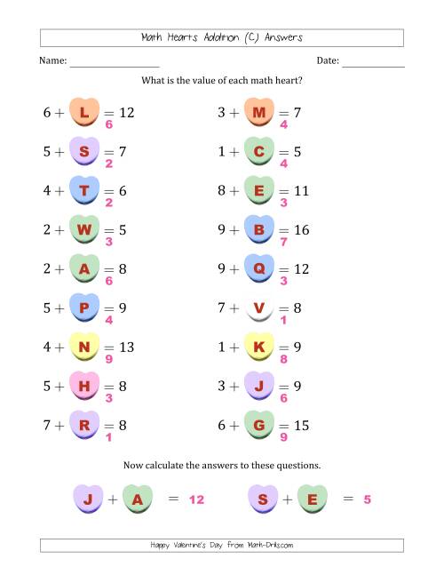 The Math Hearts Addition with Addends from 1 to 9 and Missing Addends from 1 to 9 (Lettered Hearts) (C) Math Worksheet Page 2
