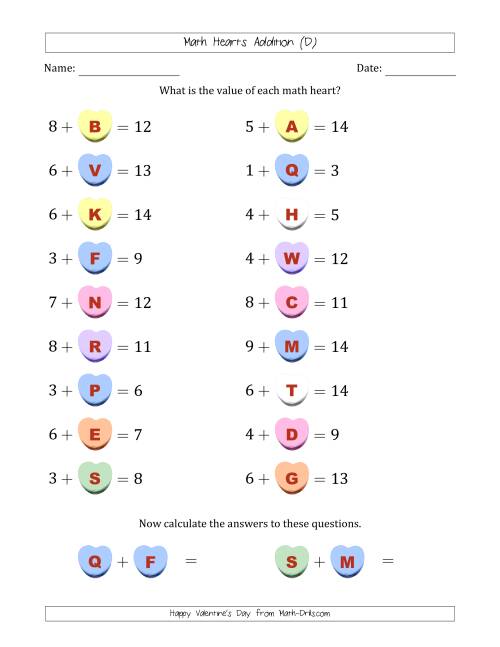 The Math Hearts Addition with Addends from 1 to 9 and Missing Addends from 1 to 9 (Lettered Hearts) (D) Math Worksheet