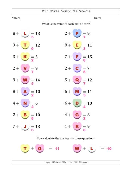 The Math Hearts Addition with Addends from 1 to 9 and Missing Addends from 1 to 9 (Lettered Hearts) (E) Math Worksheet Page 2