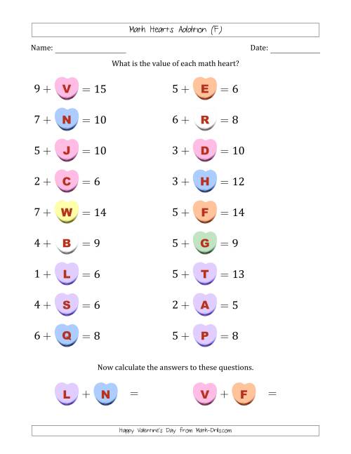 The Math Hearts Addition with Addends from 1 to 9 and Missing Addends from 1 to 9 (Lettered Hearts) (F) Math Worksheet